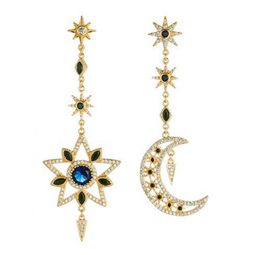 Baroco style star and moon jewellery antique long dangling drop earrings with zircon